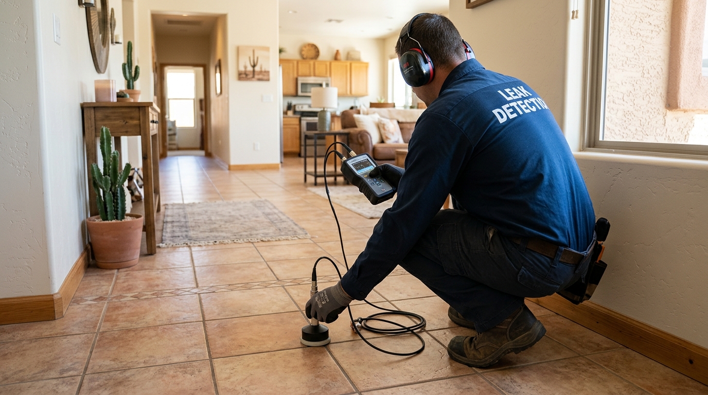 Plumbing technician utilizing electronic acoustic listening equipment on a residential foundation floor in Chino
